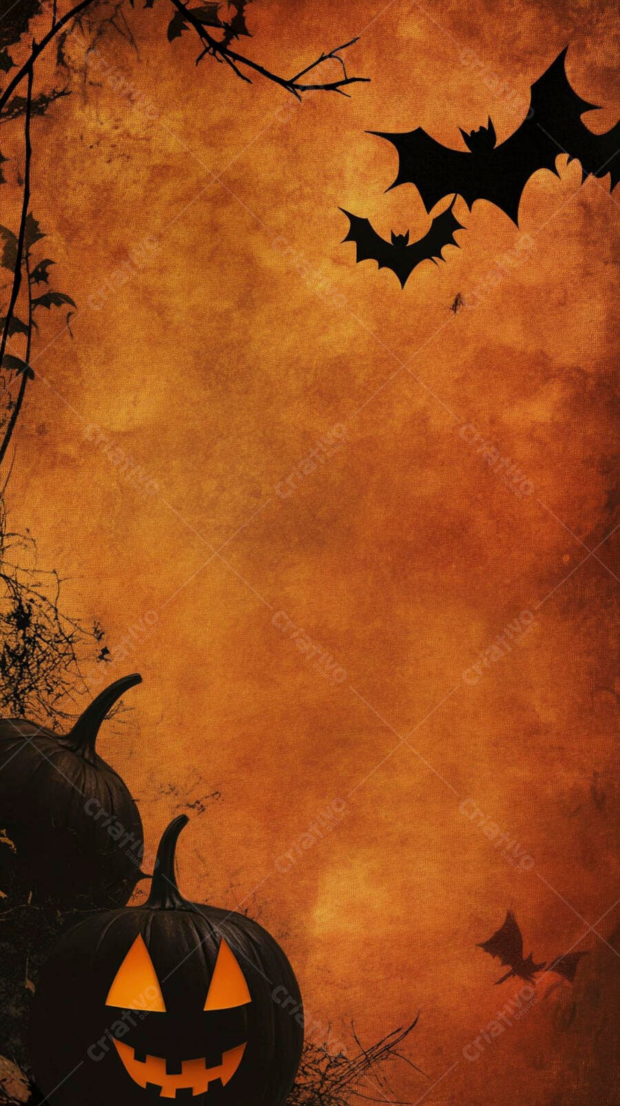 Abóboras de Halloween assustadoras e morcegos voando em fundo laranja vintage