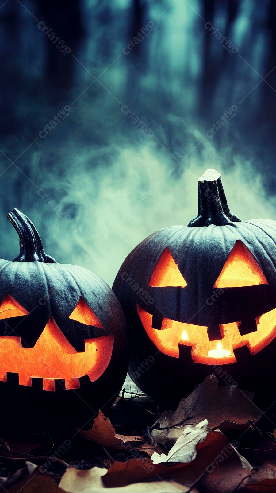 Abóboras de Halloween com faces iluminadas na noite nebulosa de outono
