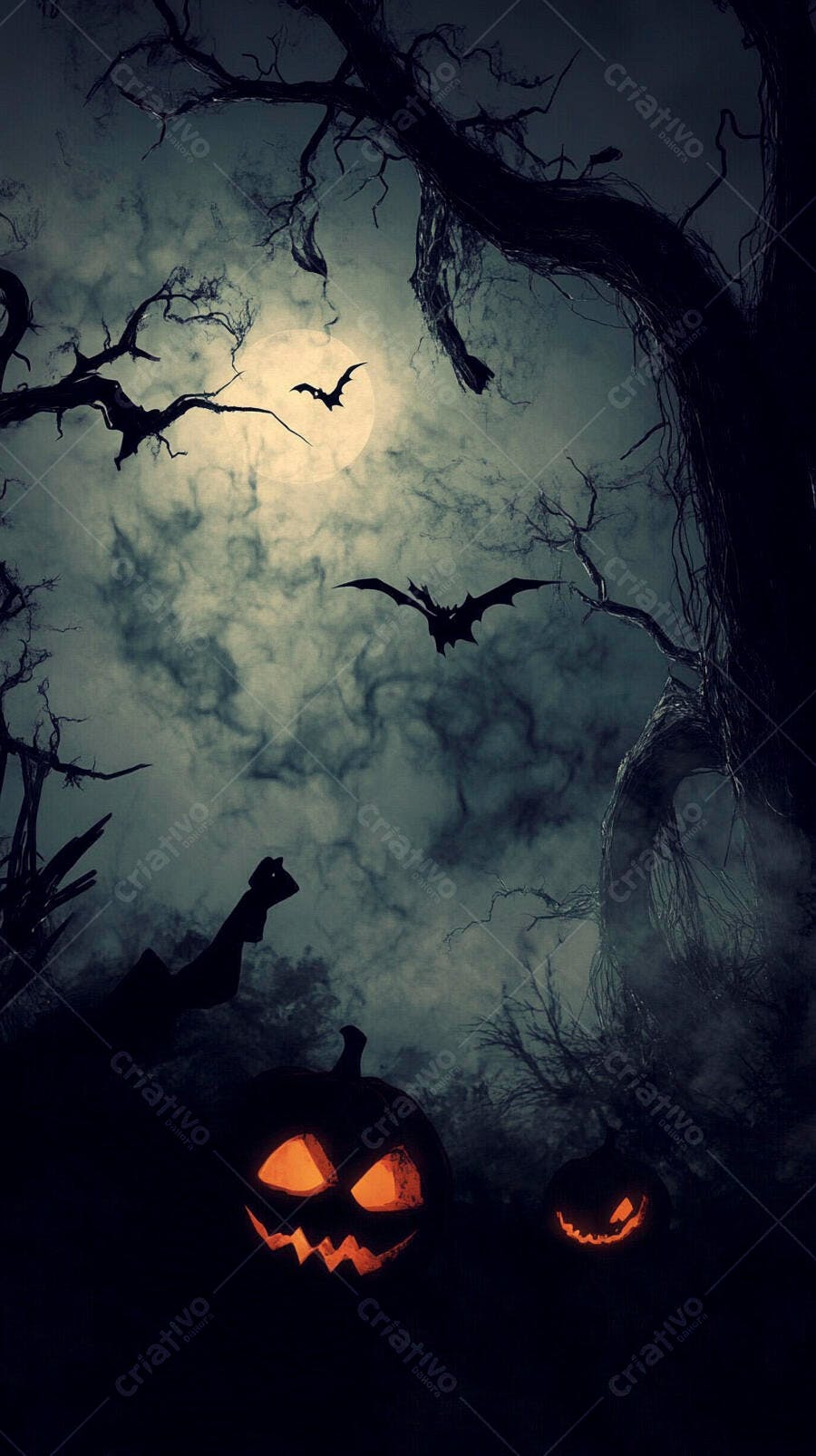 Abóboras de Halloween assustadoras com morcegos voando sob a lua cheia e árvores escuras