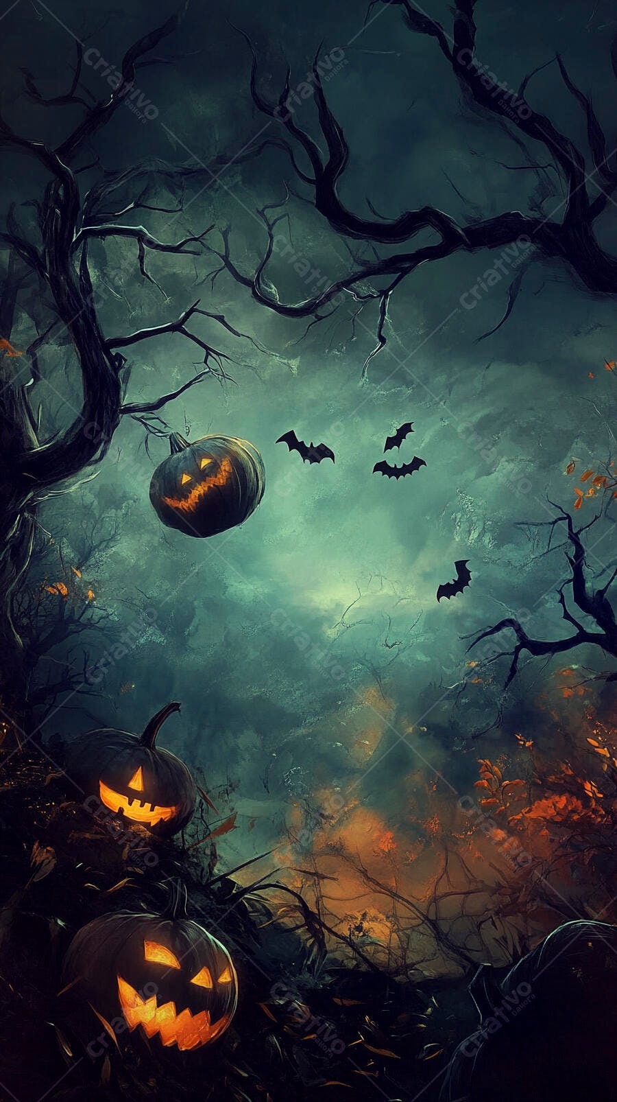 Abóboras de Halloween iluminadas na floresta escura com morcegos noturnos