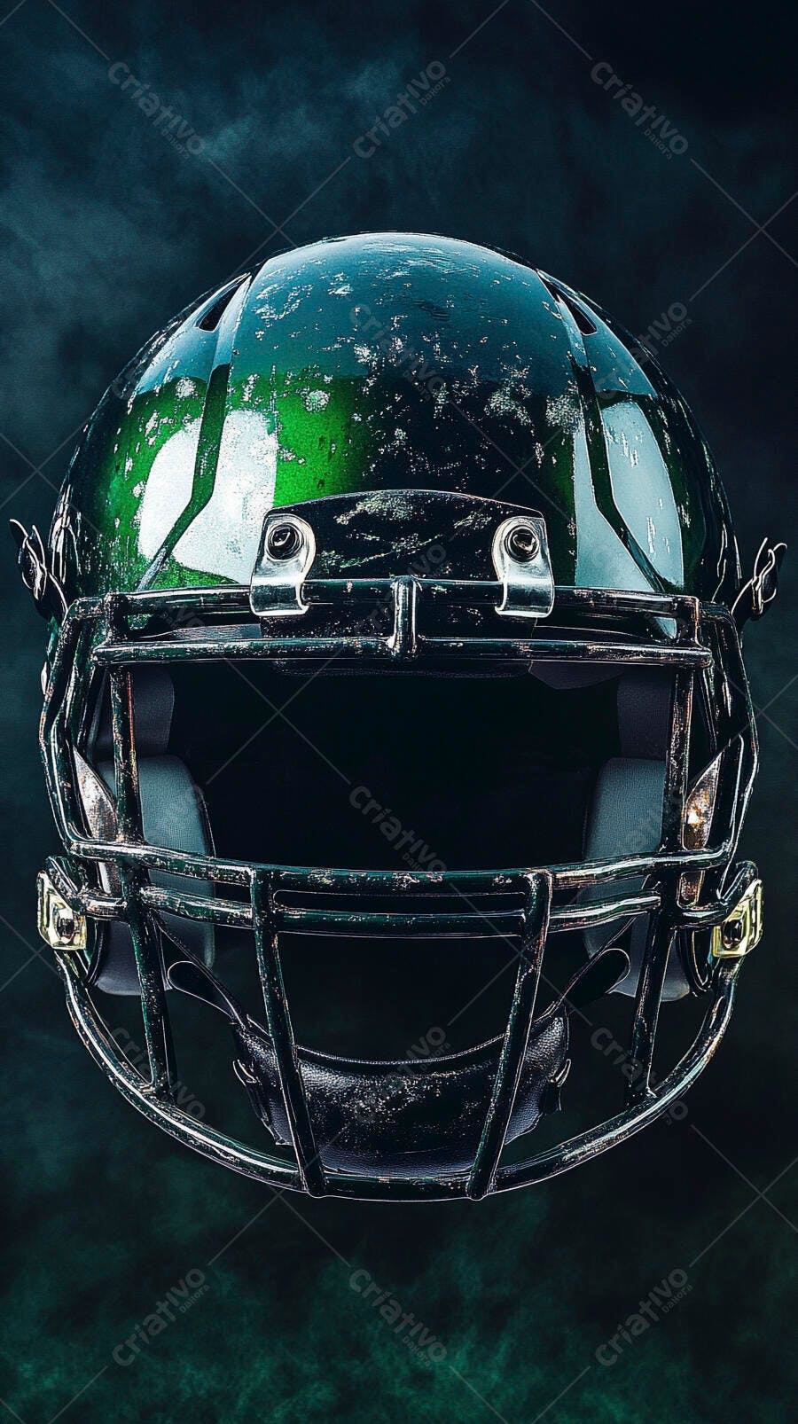 Capacete de futebol americano verde desgastado em fumaça escura
