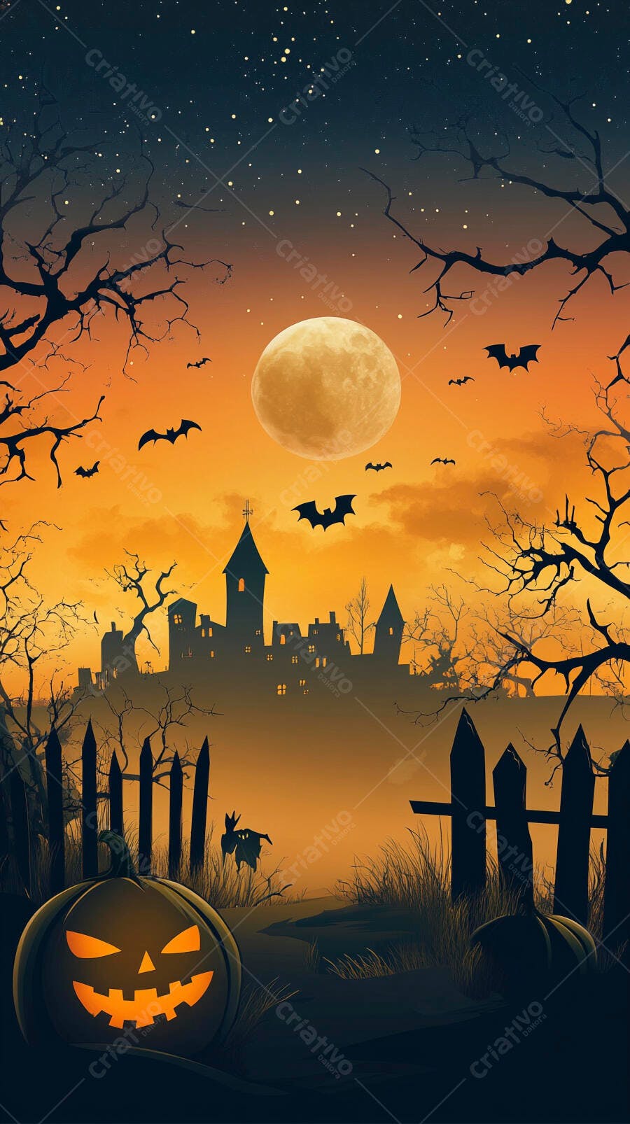 Abóbora de Halloween laranja com casa assombrada e lua cheia à noite