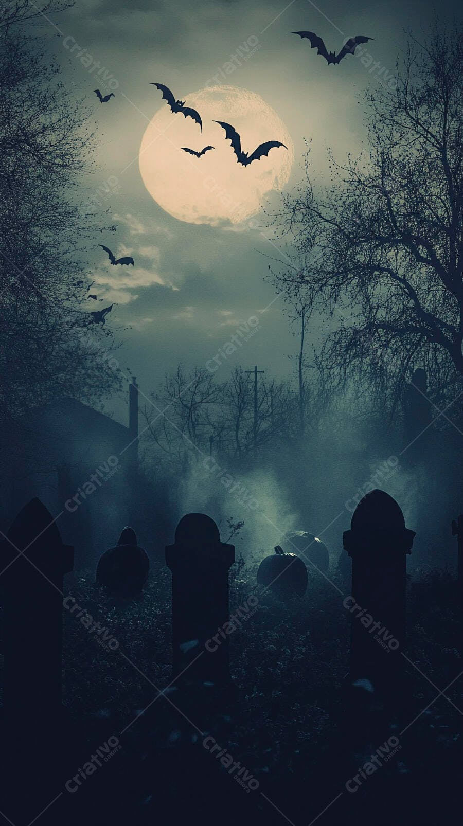 Morcegos noturnos voando sobre cemitério enevoado com lua cheia no Halloween