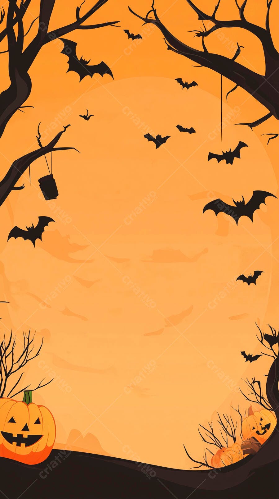 Halloween noite laranja com abóboras morcegos e árvores secas assustadoras
