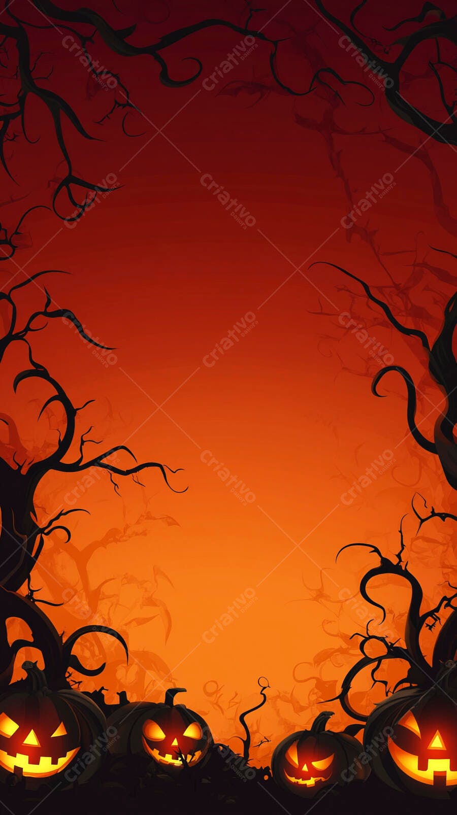 Abóboras de Halloween assustadoras em floresta sombria com fundo laranja e vermelho