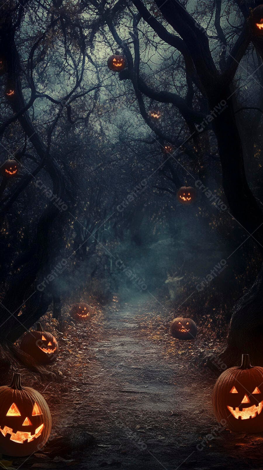Abóboras de Halloween iluminadas em floresta escura e nebulosa