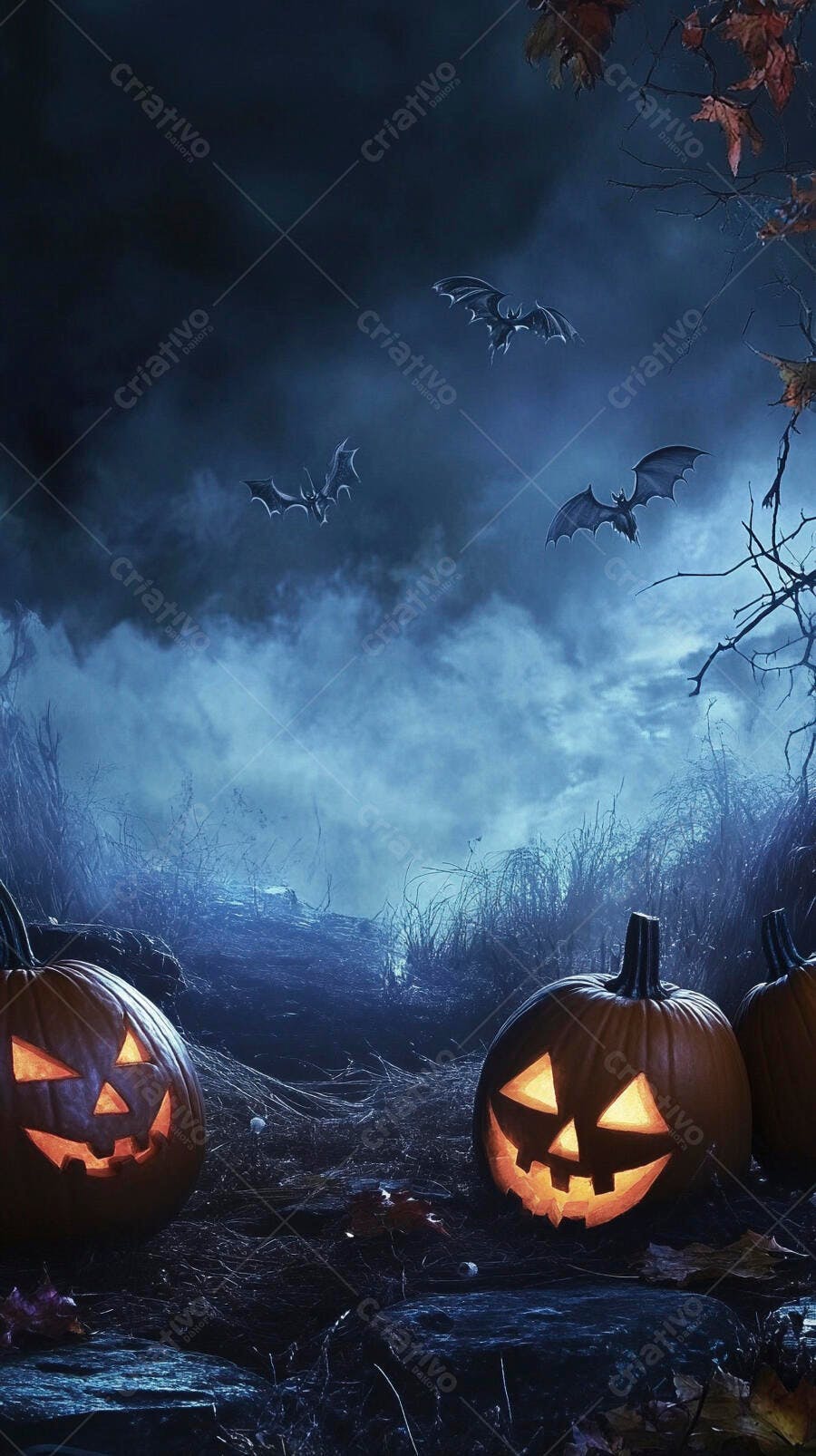 Abóboras de Halloween iluminadas com morcegos voando na floresta escura