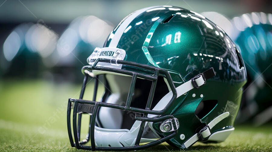 Capacete de futebol americano verde brilhante em campo de grama artificial