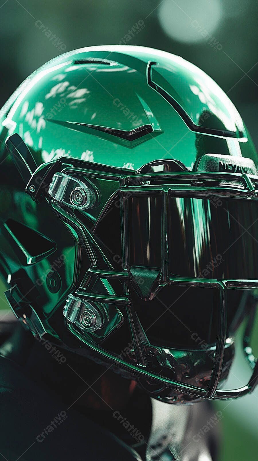 Capacete de futebol americano verde brilhante close-up em campo