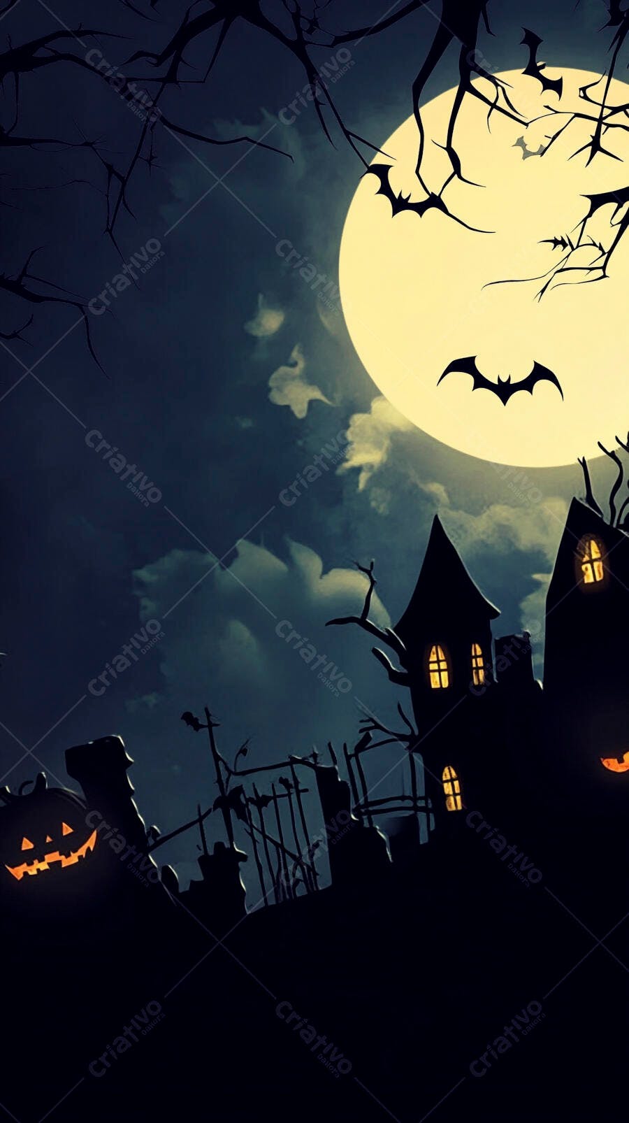 Noite de Halloween com lua cheia casa assombrada e morcegos voando