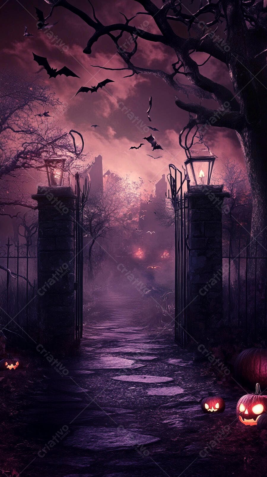 Portão de ferro assombrado com abóboras e morcegos voando no Halloween