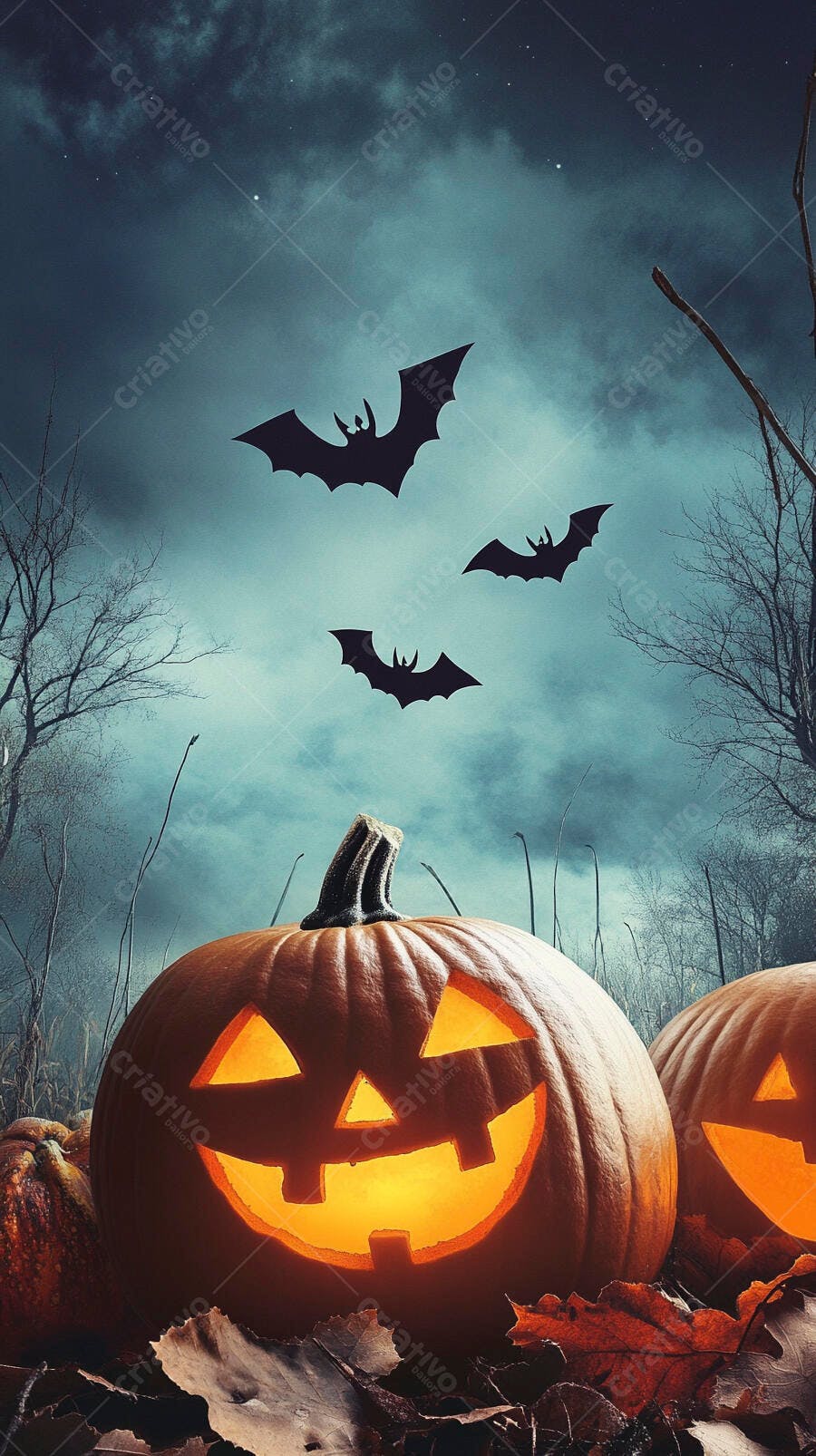 Abóboras de Halloween iluminadas com morcegos voando em floresta noturna sombria