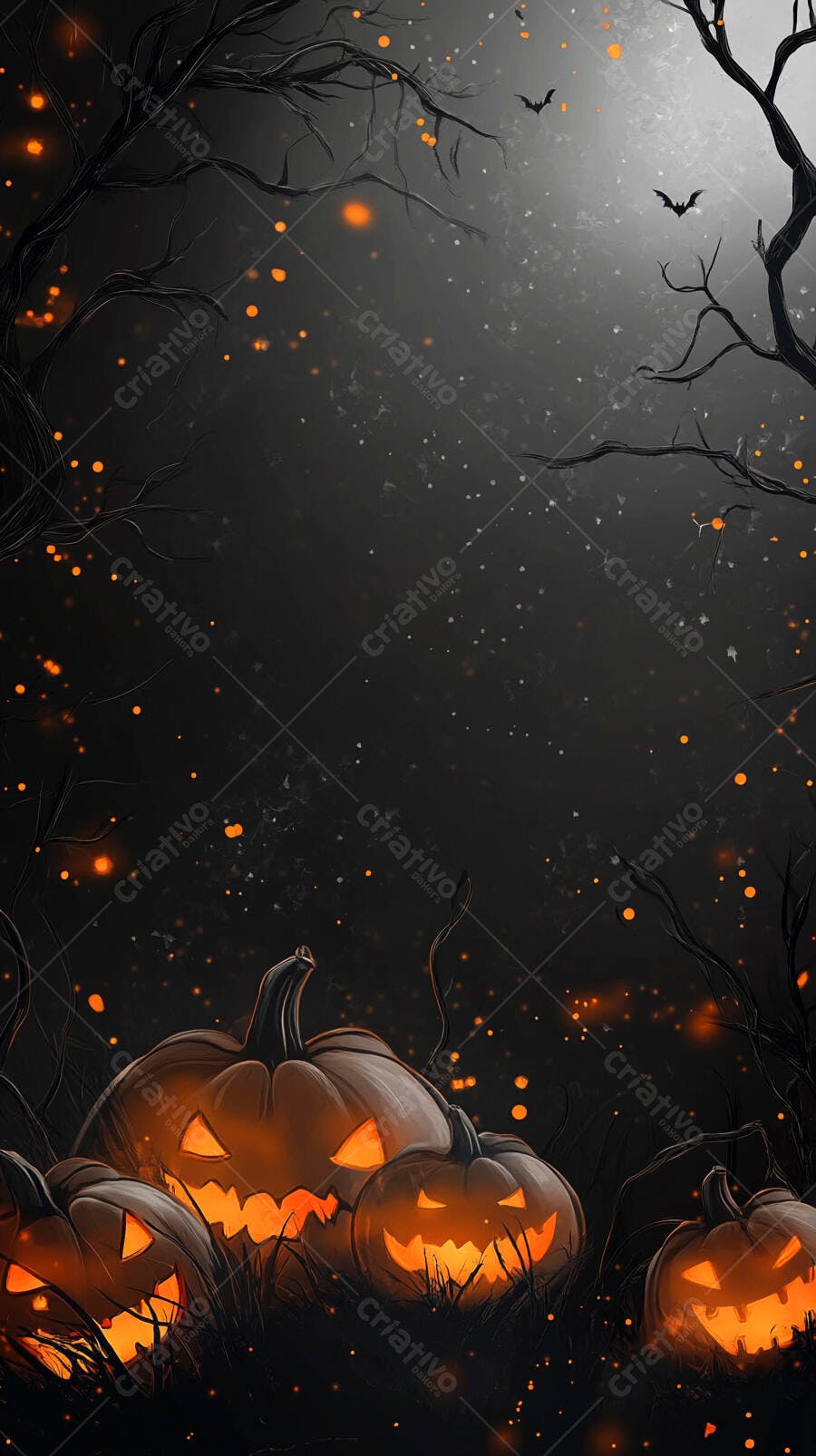 Abóboras de Halloween iluminadas em floresta escura com morcegos noturnos