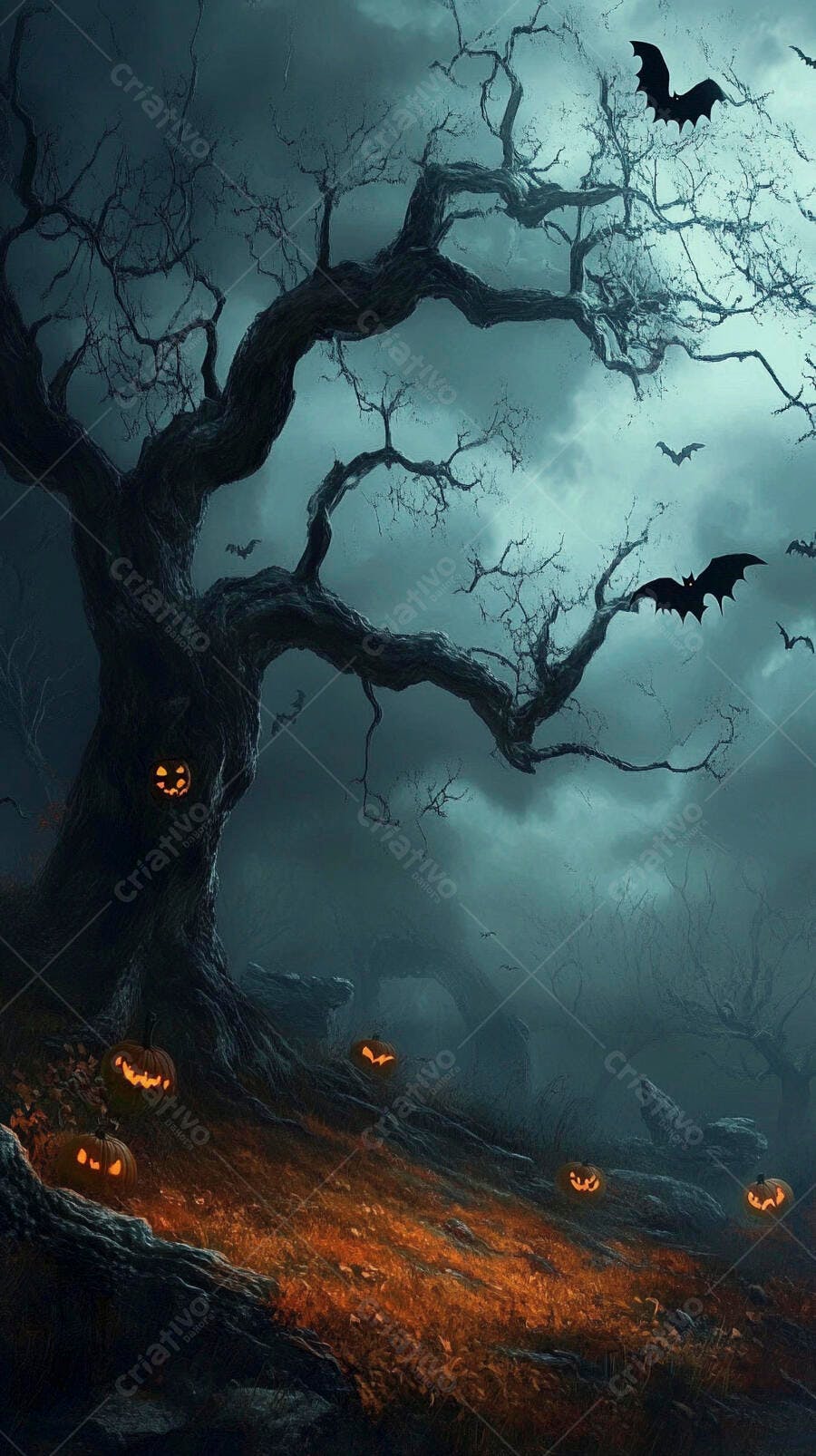 Árvore retorcida e abóboras luminosas em floresta de Halloween com morcegos noturnos