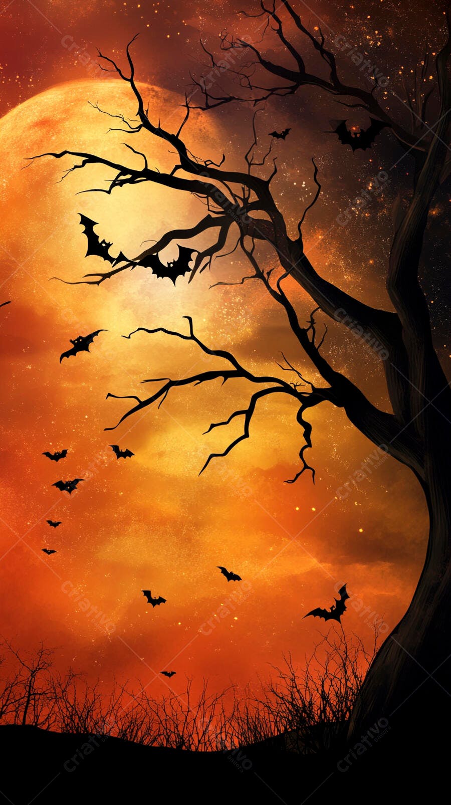 Árvore seca morcegos voando lua cheia laranja céu estrelado noite Halloween