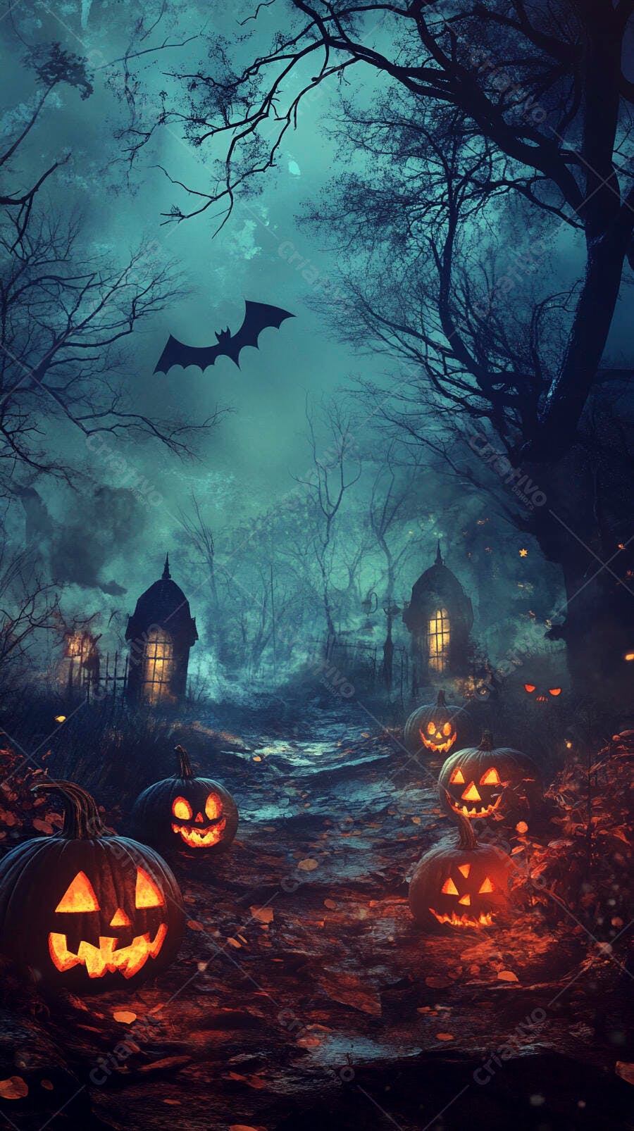 Abóboras Jack-o'-lantern em caminho de floresta enevoado Halloween