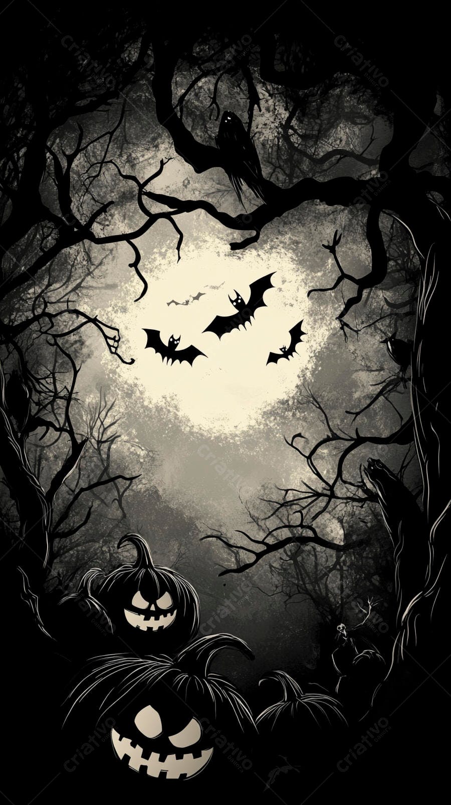 Abóbora jack-o'-lantern com morcegos e corvo em floresta sombria à noite