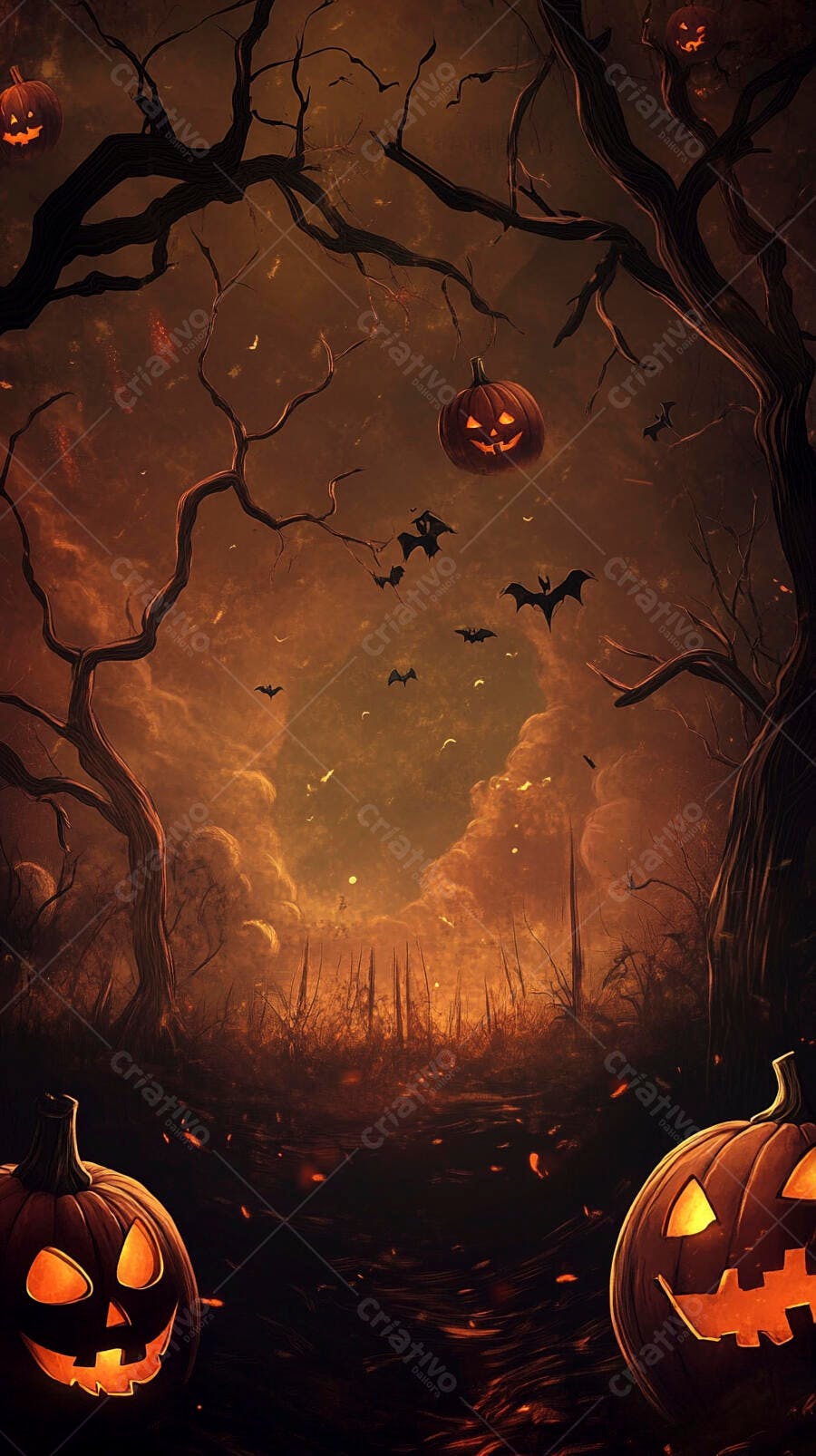 Abóboras de Halloween iluminadas com morcegos em floresta escura