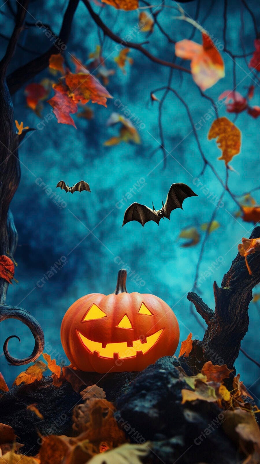 Abóbora de Halloween iluminada na floresta noturna com morcegos e folhas de outono