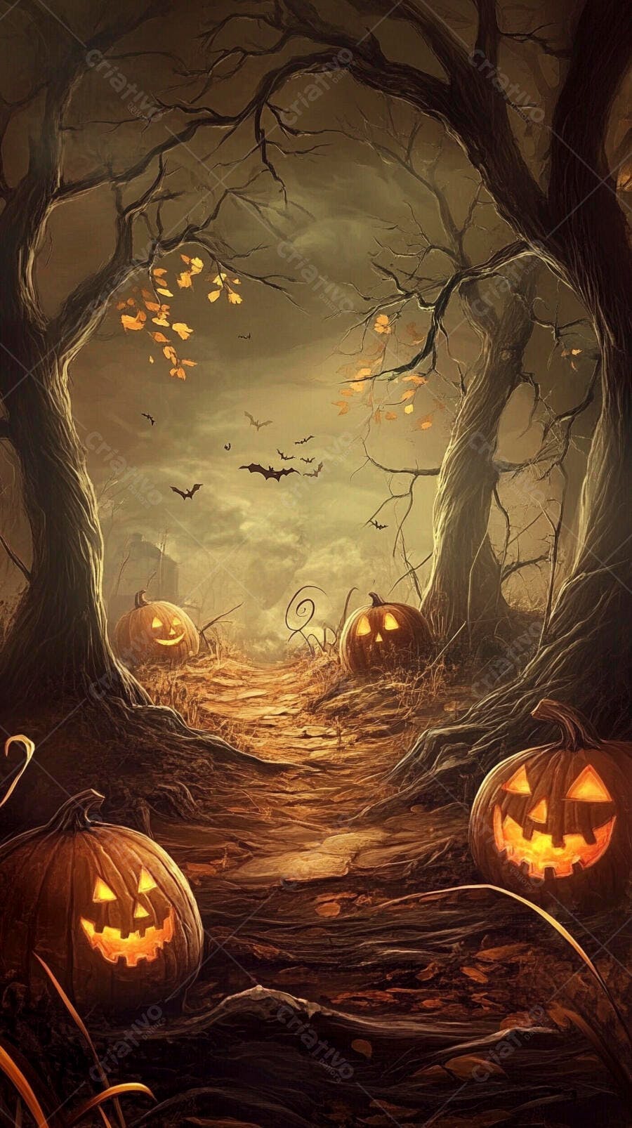 Abóboras de Halloween iluminadas na floresta escura com morcegos em voo noturno