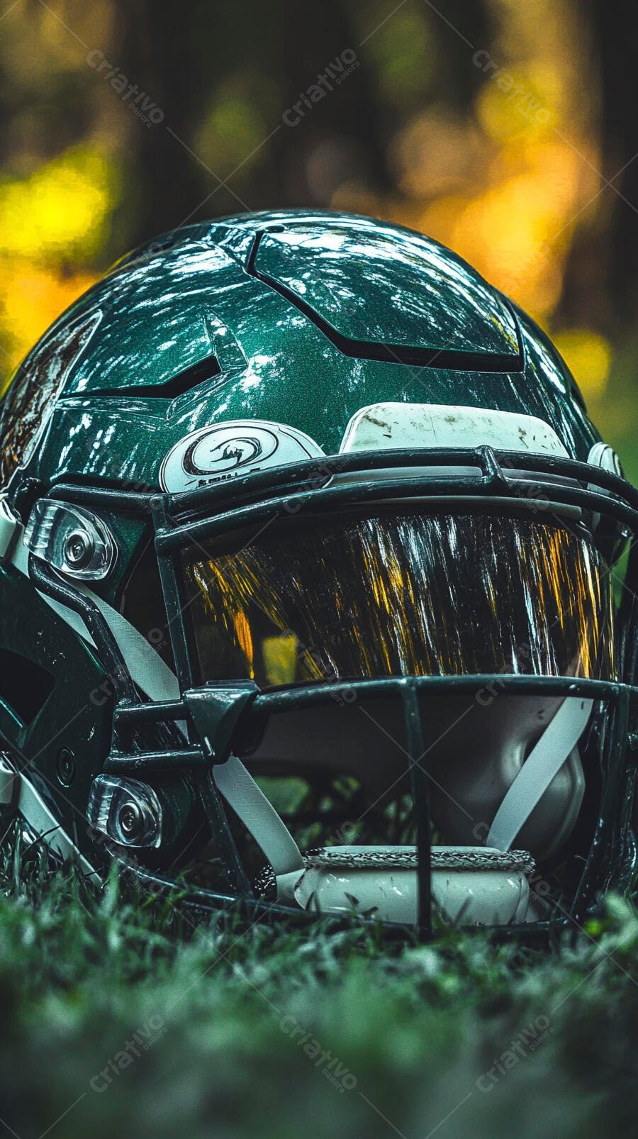 Capacete de futebol americano verde escuro metálico com viseira dourada no gramado