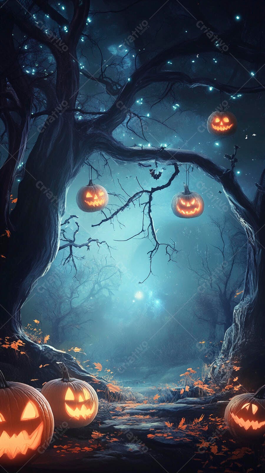 Abóboras de Halloween iluminadas em floresta escura e misteriosa com luzes azuis