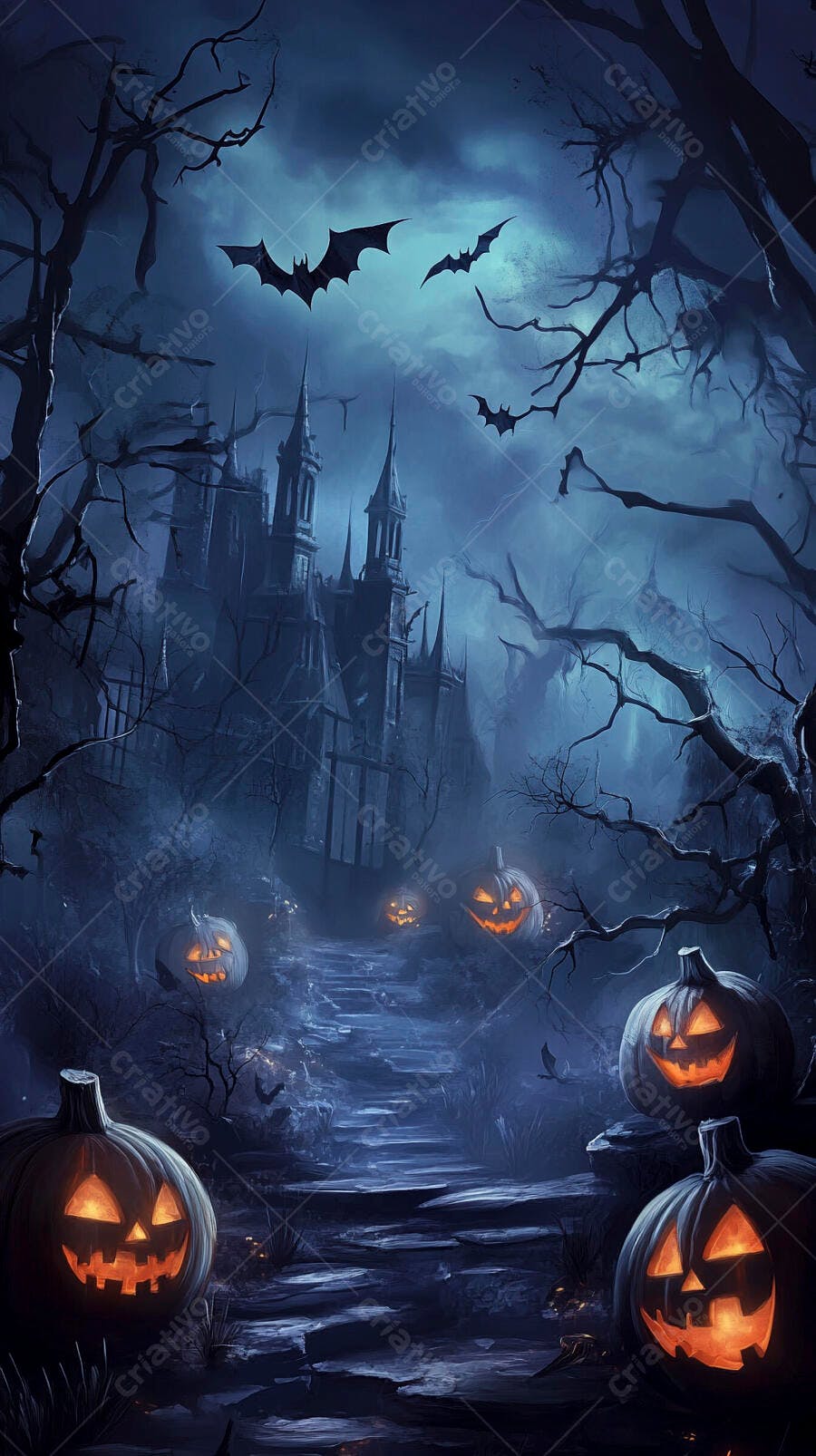 Abóboras de Halloween e castelo assombrado em noite azul misteriosa