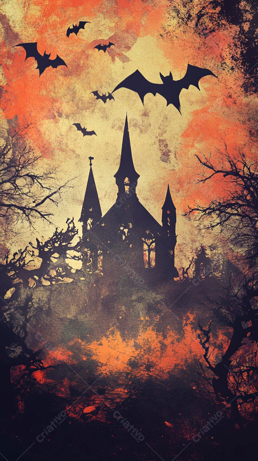 Igreja gótica assombrada com morcegos voando no céu laranja de Halloween