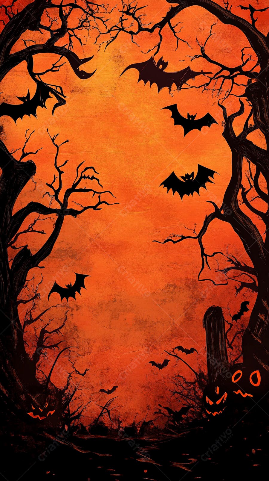 Halloween árvores escuras morcegos voando e abóboras iluminadas em fundo laranja