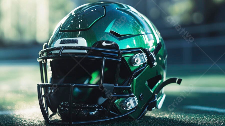 Capacete de futebol americano verde esmeralda com grade preta em campo de grama