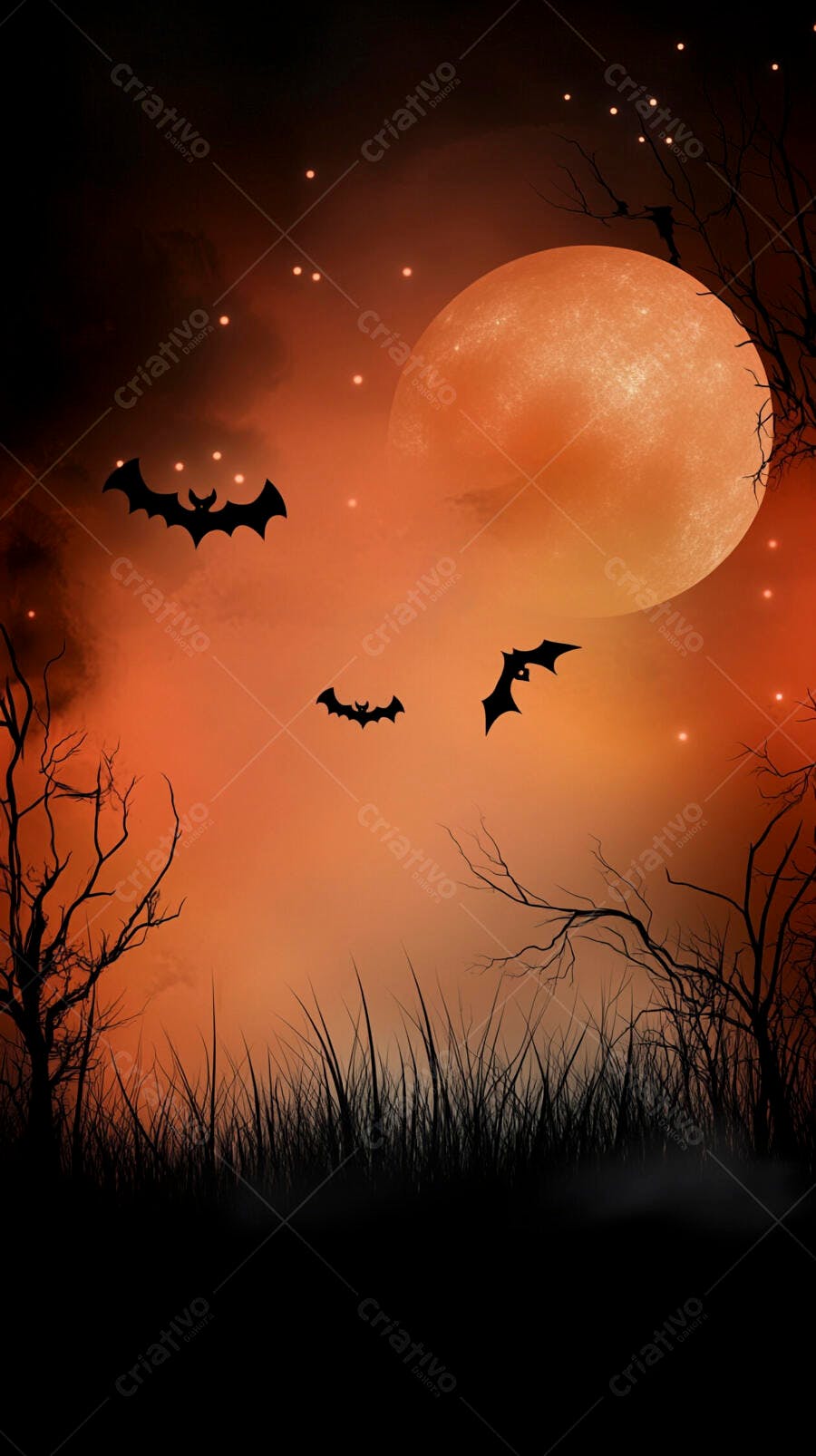 Lua cheia laranja com morcegos e árvores secas no Halloween