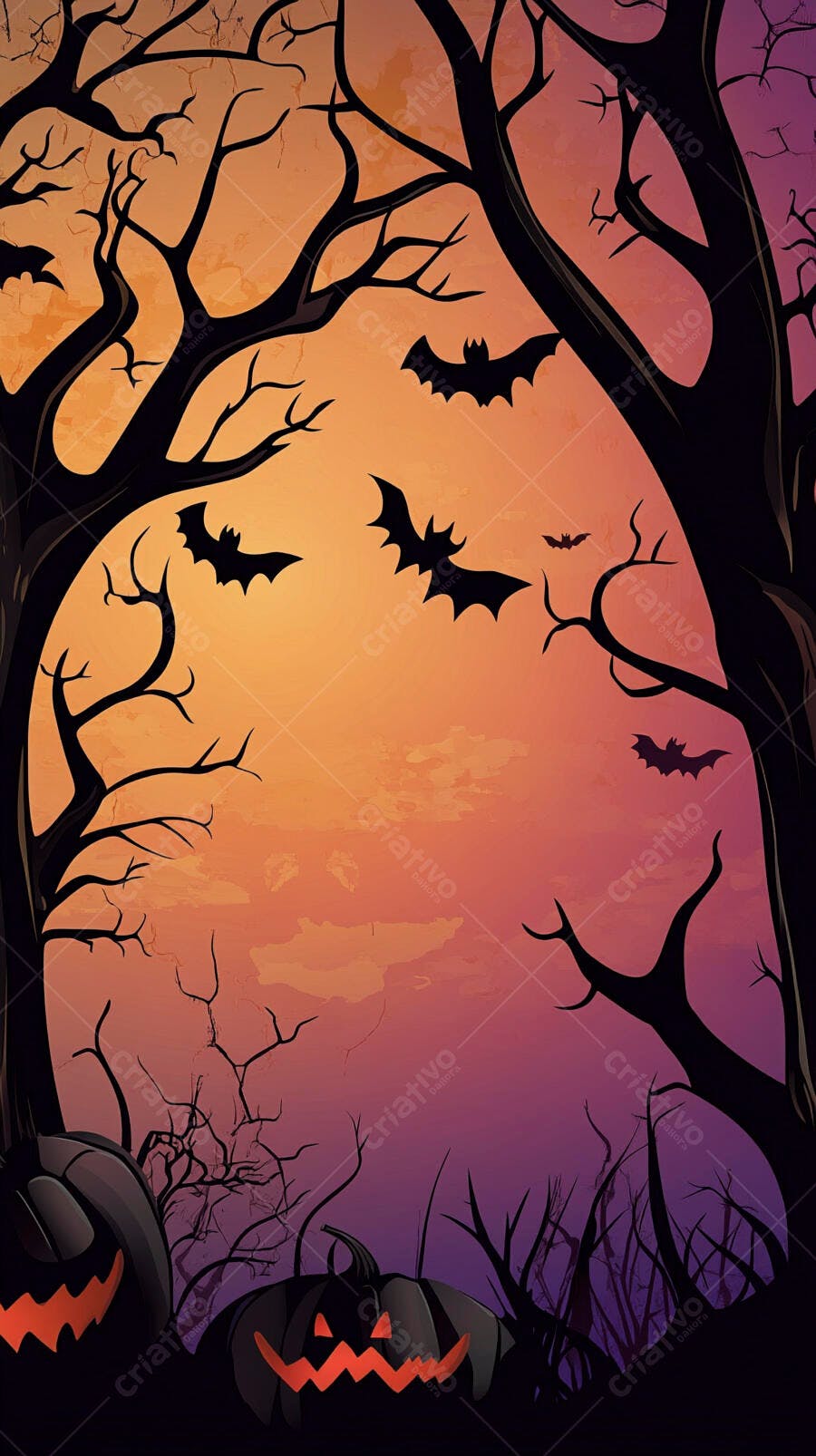 Cena de Halloween abóboras morcegos e árvores escuras contra céu laranja roxo