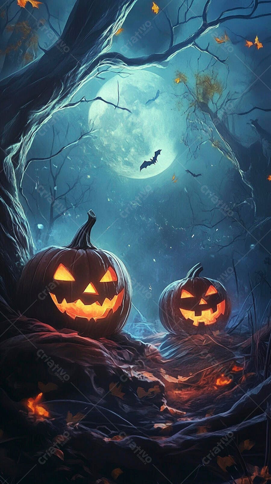 Abóboras de Halloween brilhantes em floresta assombrada sob lua cheia e morcegos