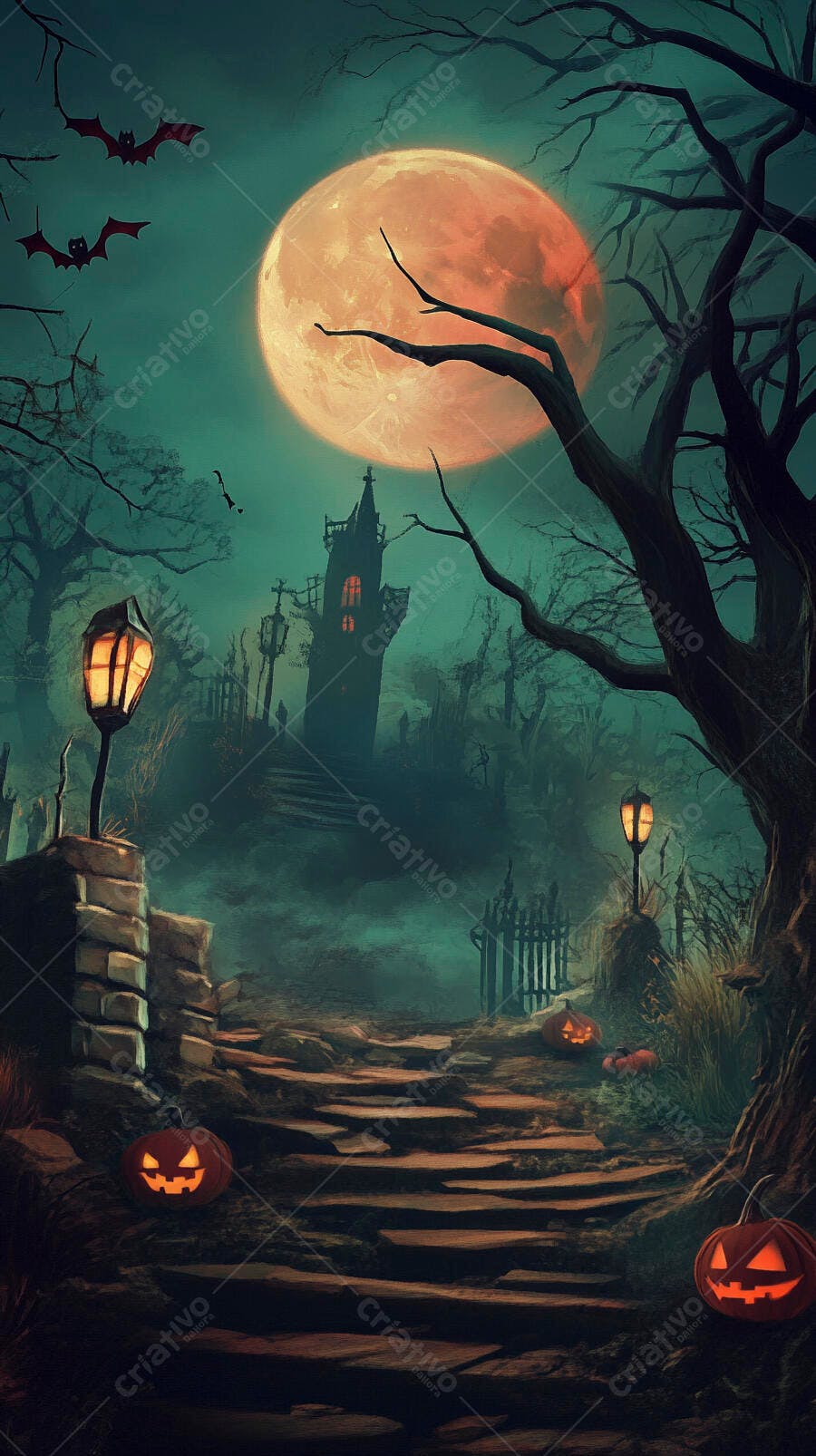 Noite de Halloween com lua cheia laranja casa assombrada e abóboras