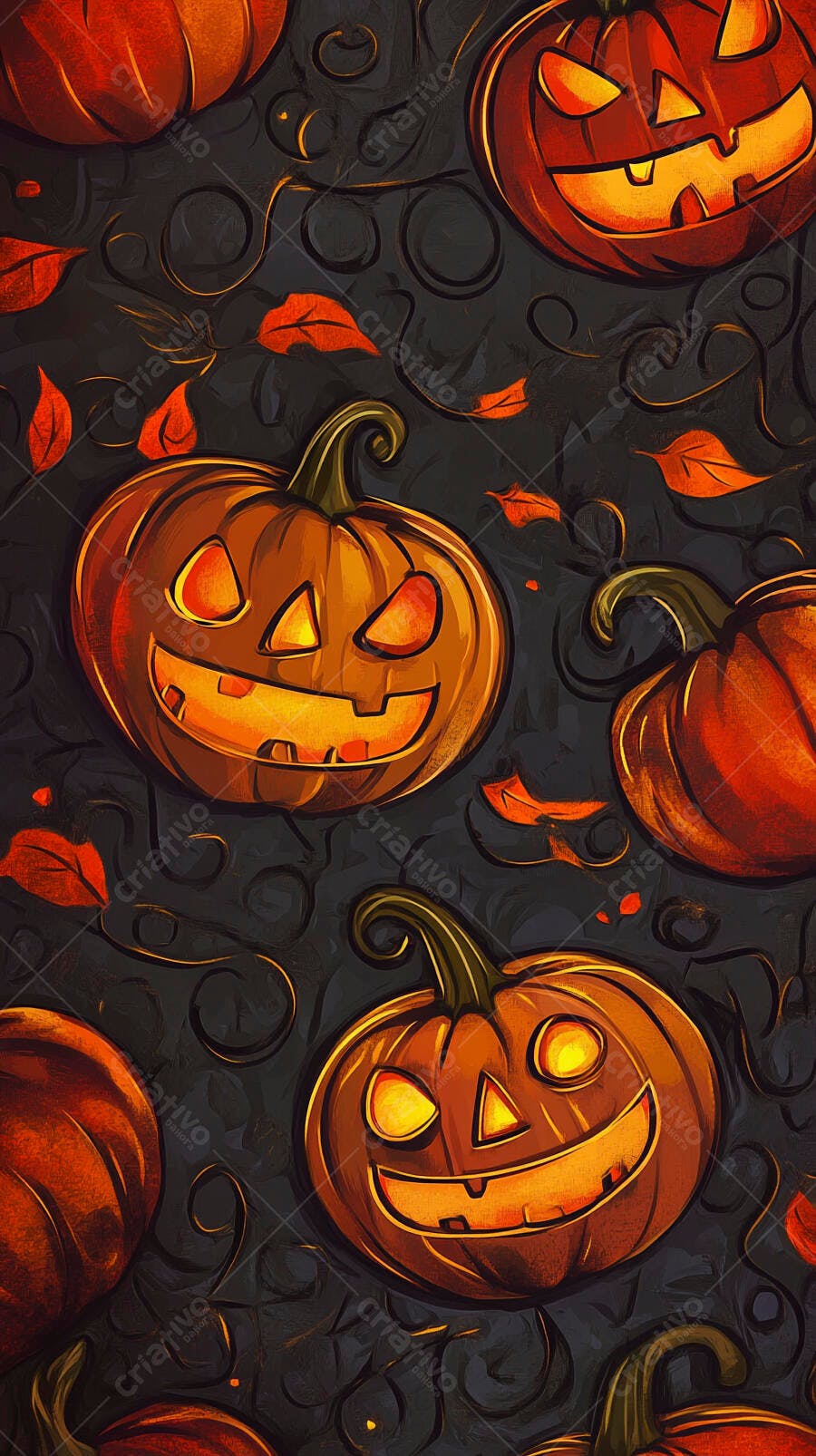 Abóboras de Halloween laranja brilhantes em padrão sem costura com fundo escuro e folhas de outono