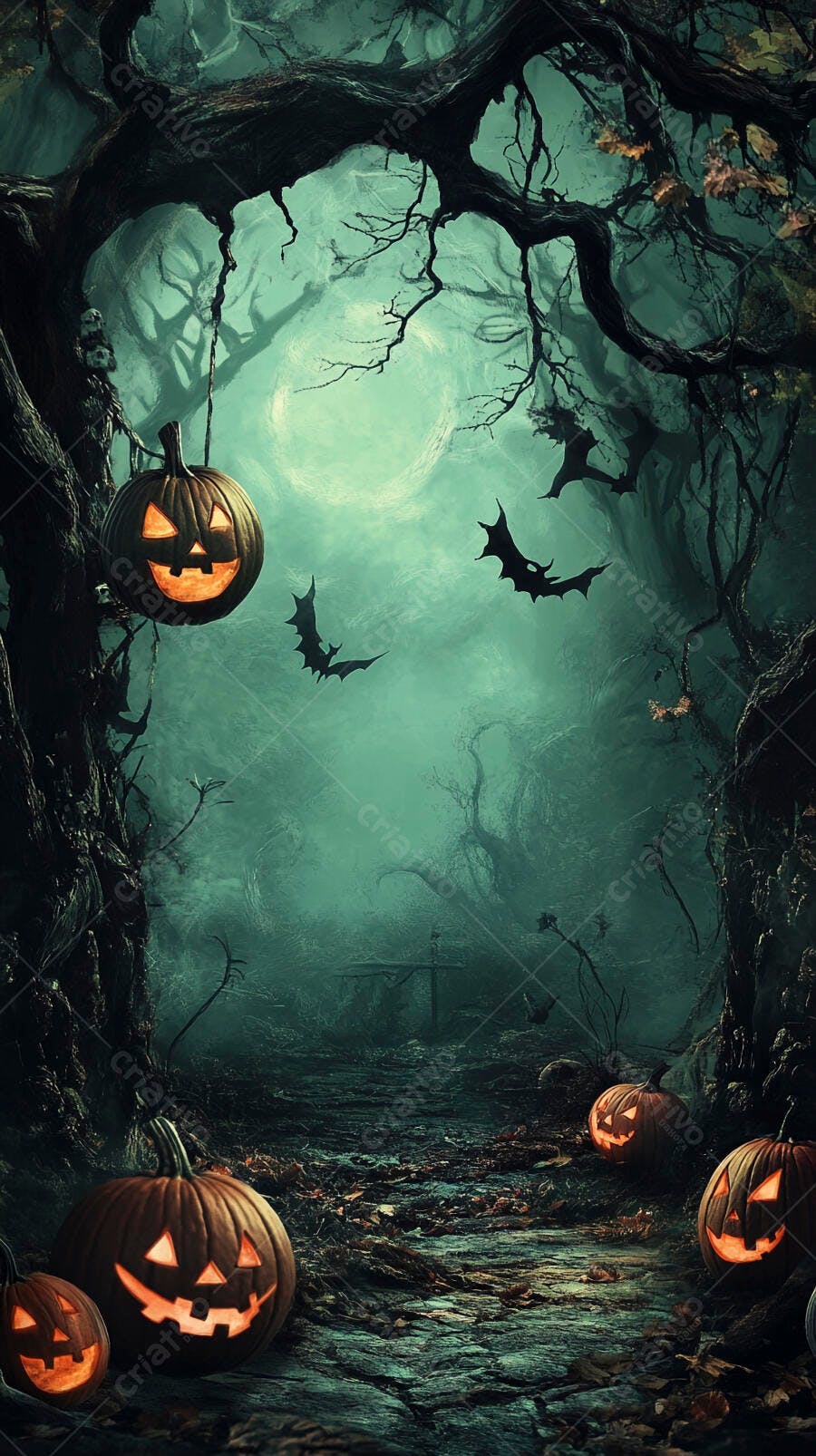 Abóboras de Halloween iluminadas na floresta escura com morcegos noturnos