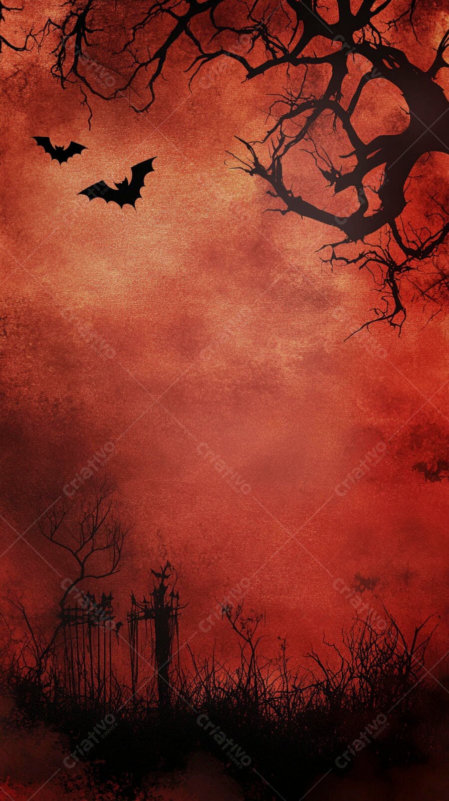 Morcegos voando em paisagem assustadora de Halloween com árvores secas e cemitério vermelho