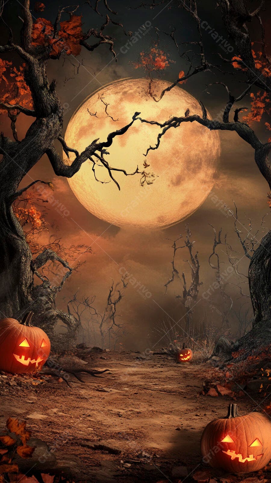 Abóboras de Halloween iluminadas sob lua cheia em floresta assustadora