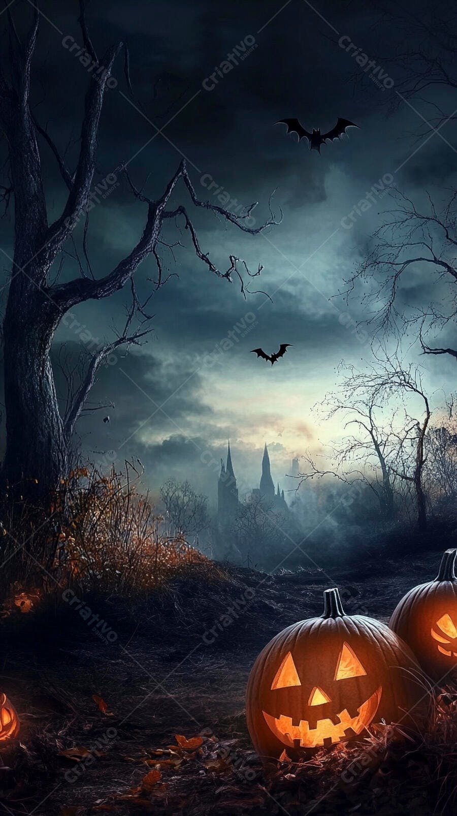 Abóboras de Halloween brilhantes em floresta assustadora com castelo e morcegos voando