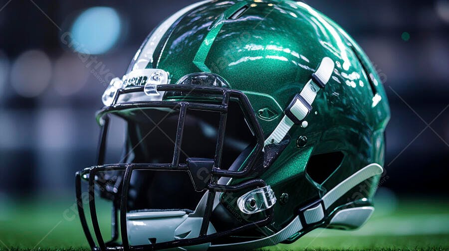 Capacete de futebol americano verde brilhante em campo de grama