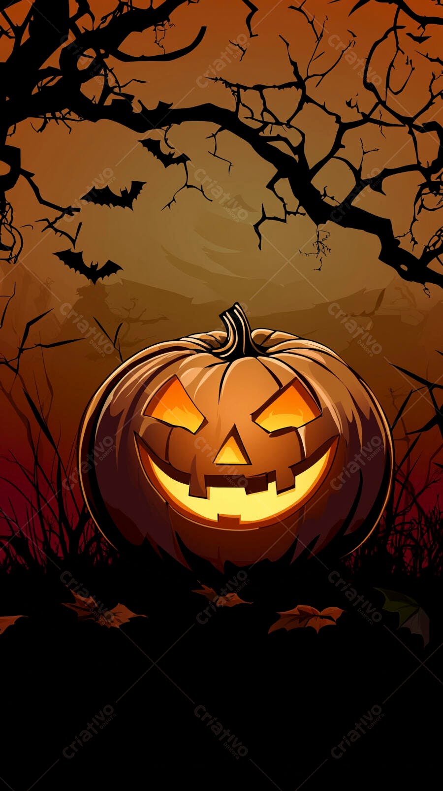 Abóbora de Halloween iluminada com rosto assustador e morcegos voando à noite