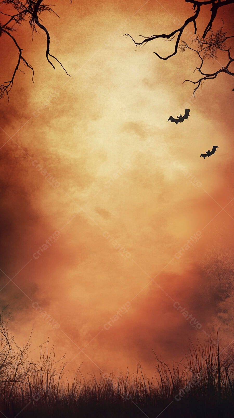 Morcegos voando no céu alaranjado noturno de Halloween