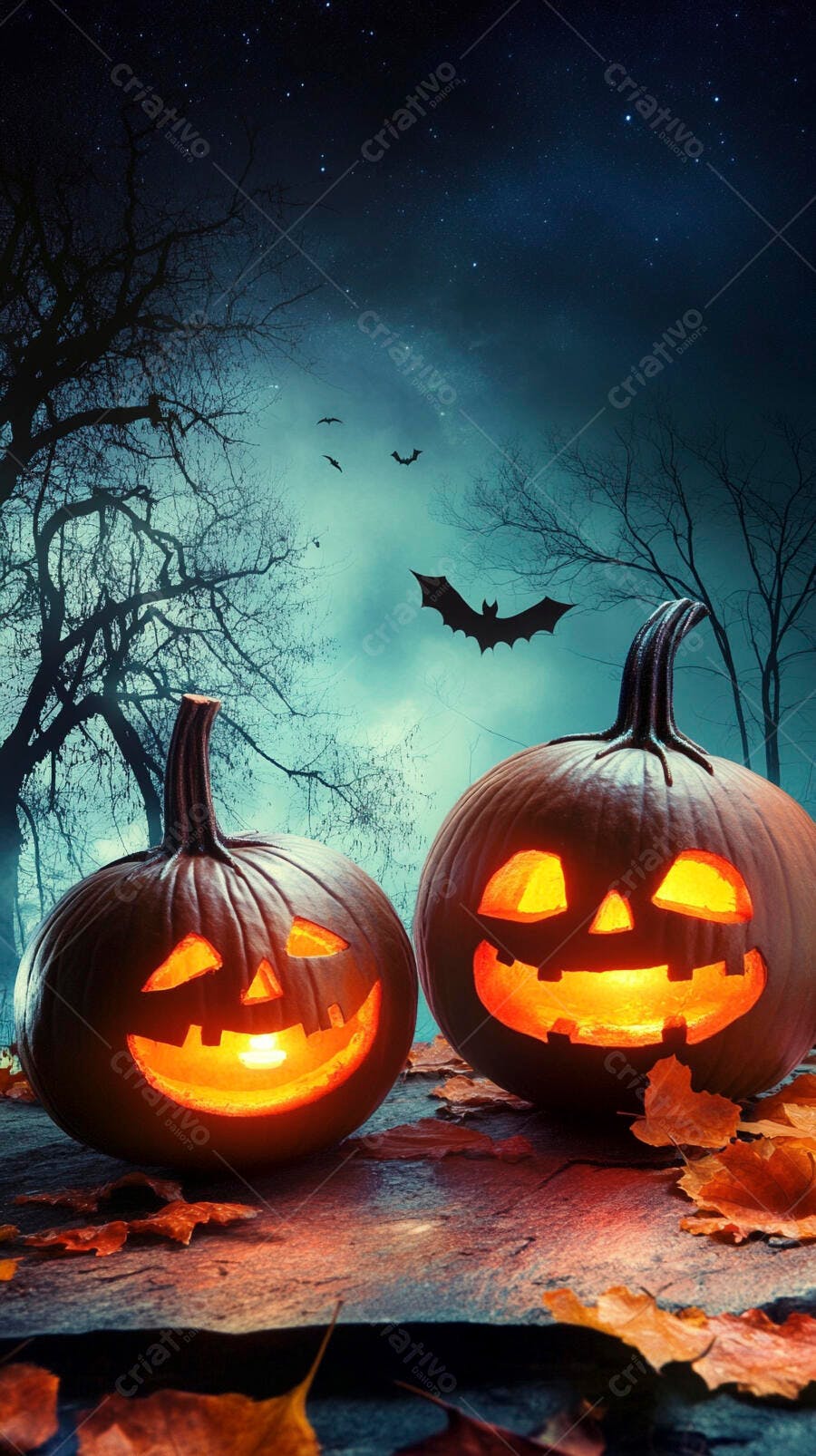Abóboras de Halloween com luz na floresta noturna estrelada