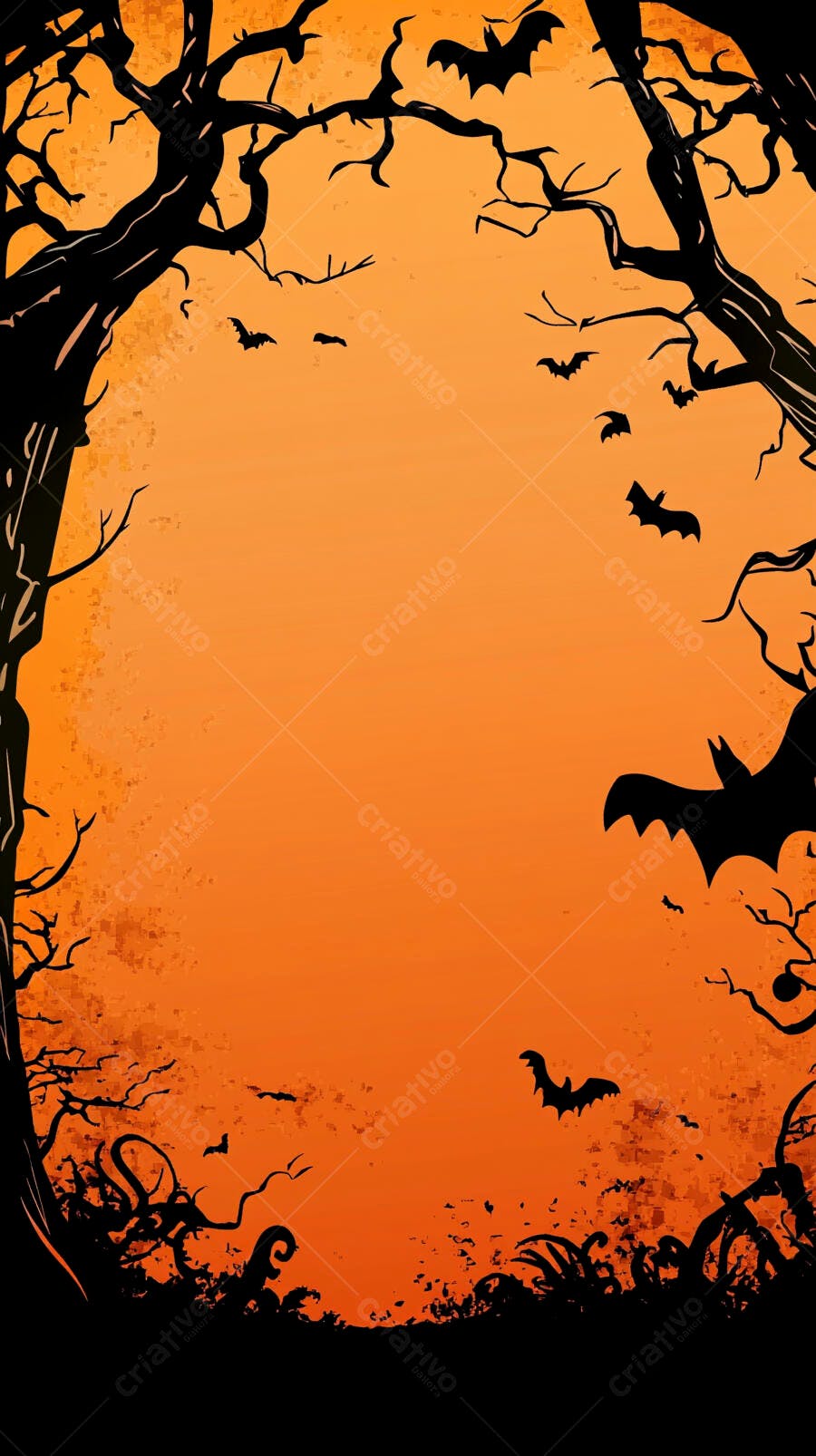 Fundo laranja de Halloween com árvores assustadoras e morcegos voando