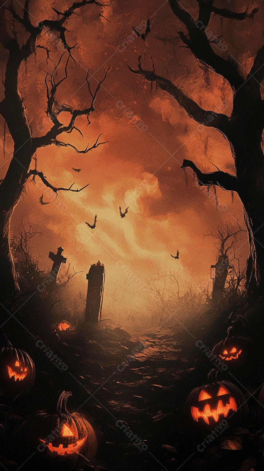 Abóbora de Halloween iluminada em cemitério assustador com árvores e morcegos