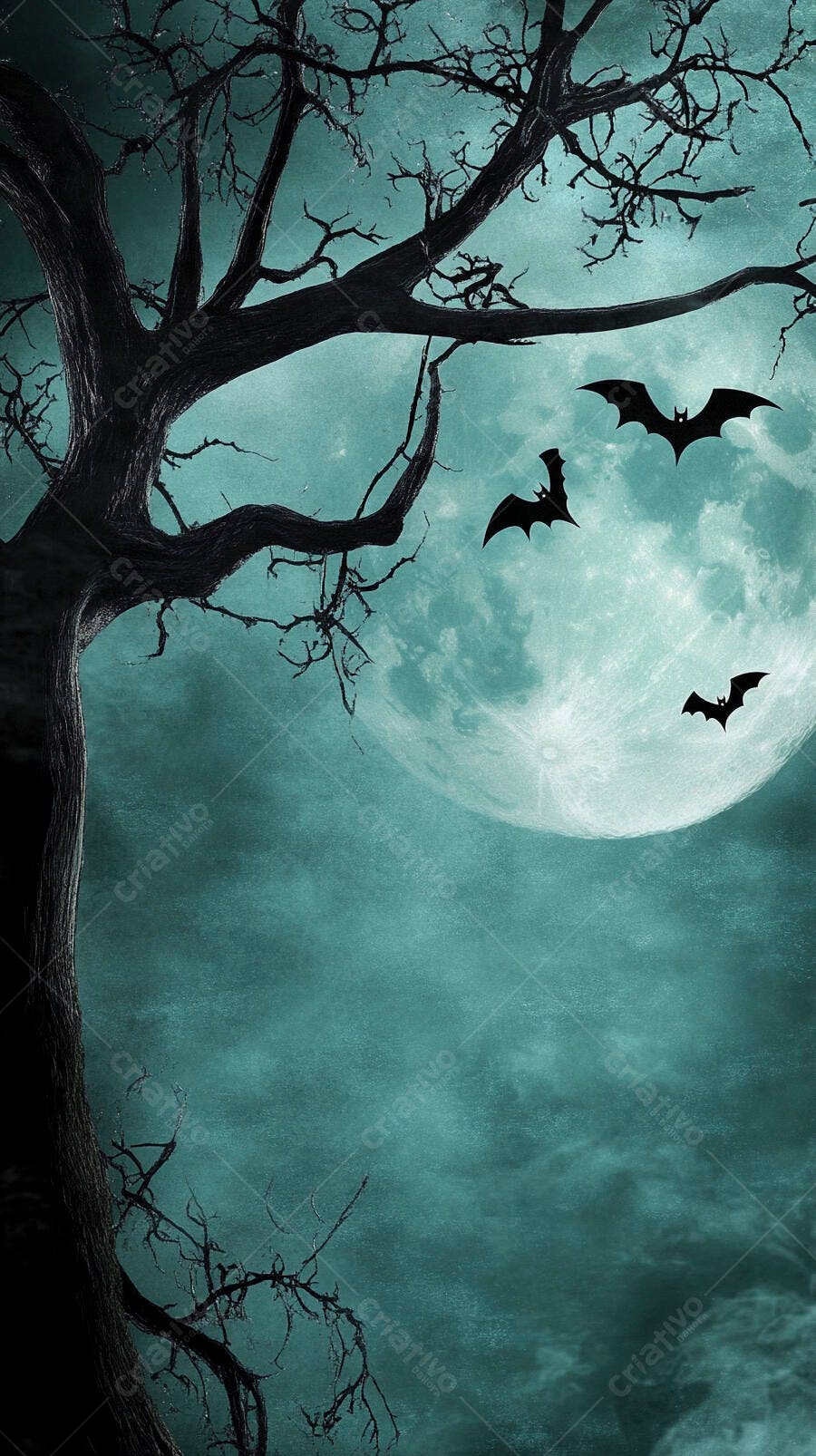 Árvore assustadora com morcegos voando na lua cheia azul esverdeada noite de Halloween