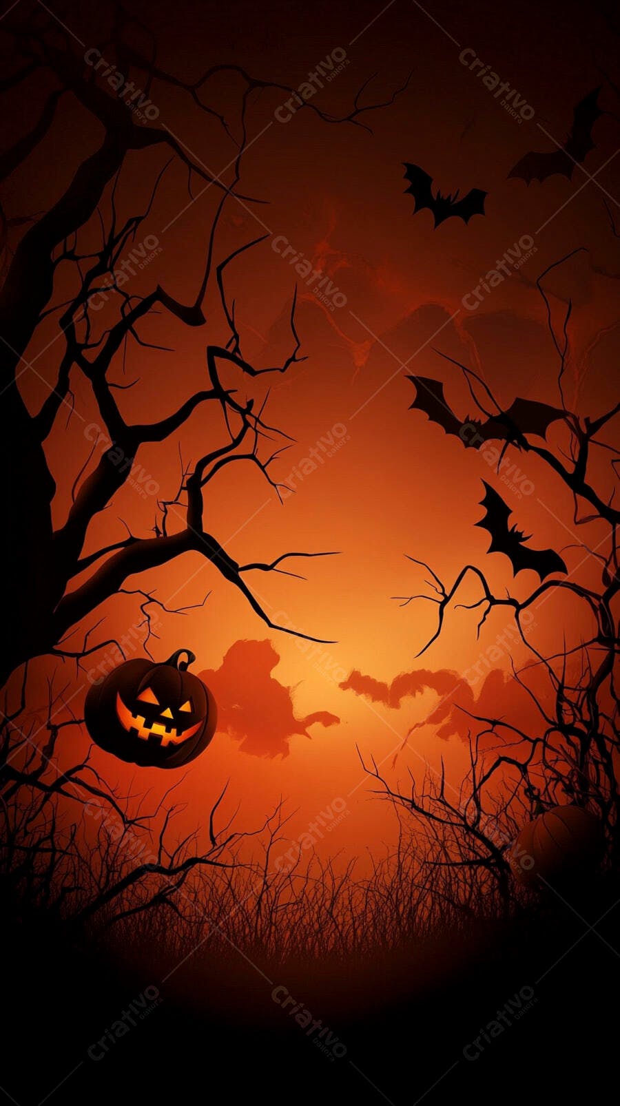 Abóbora de Halloween iluminada em floresta escura com morcegos no pôr do sol laranja