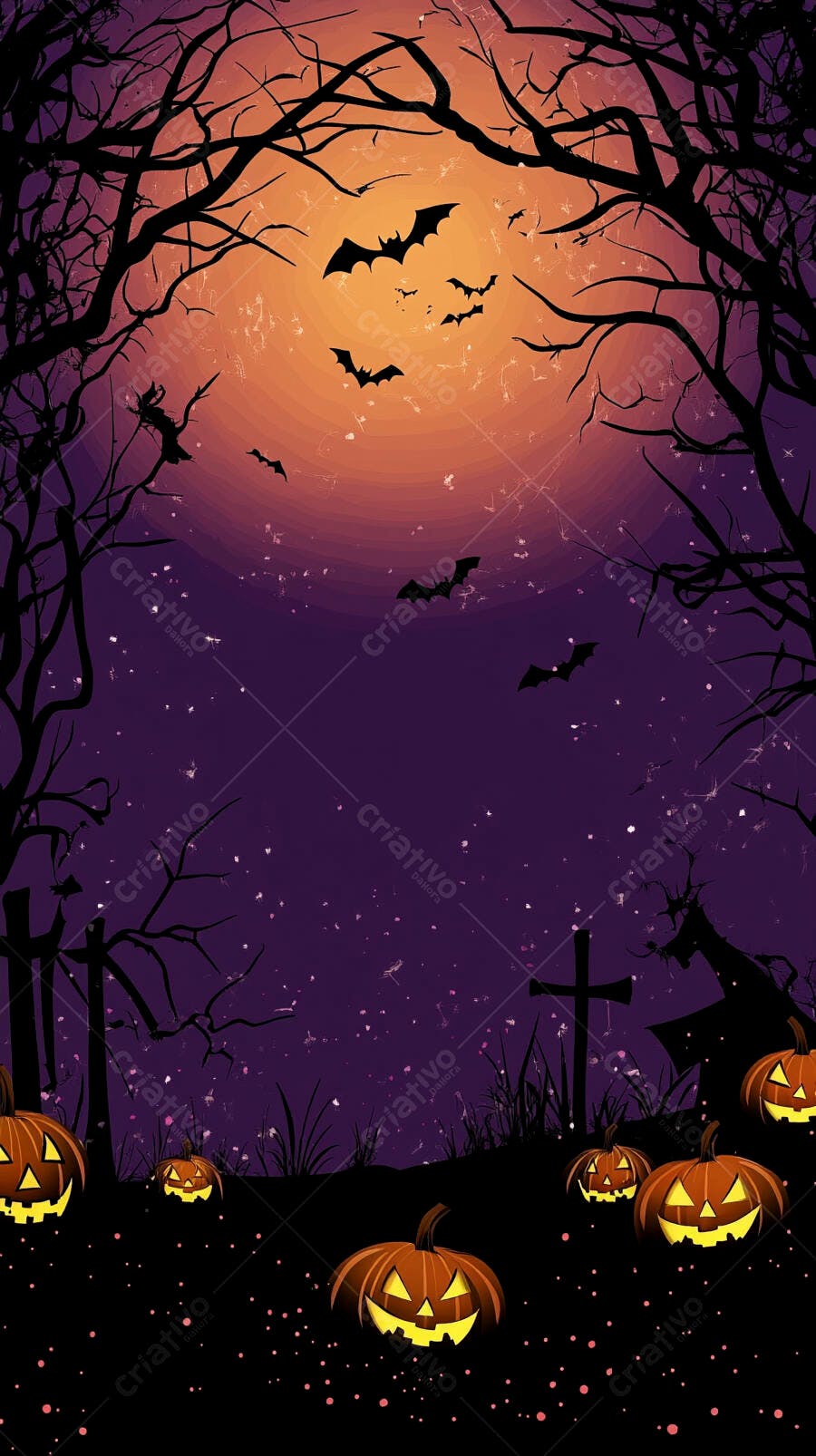 Halloween abóboras iluminadas e morcegos voando em noite roxa assustadora
