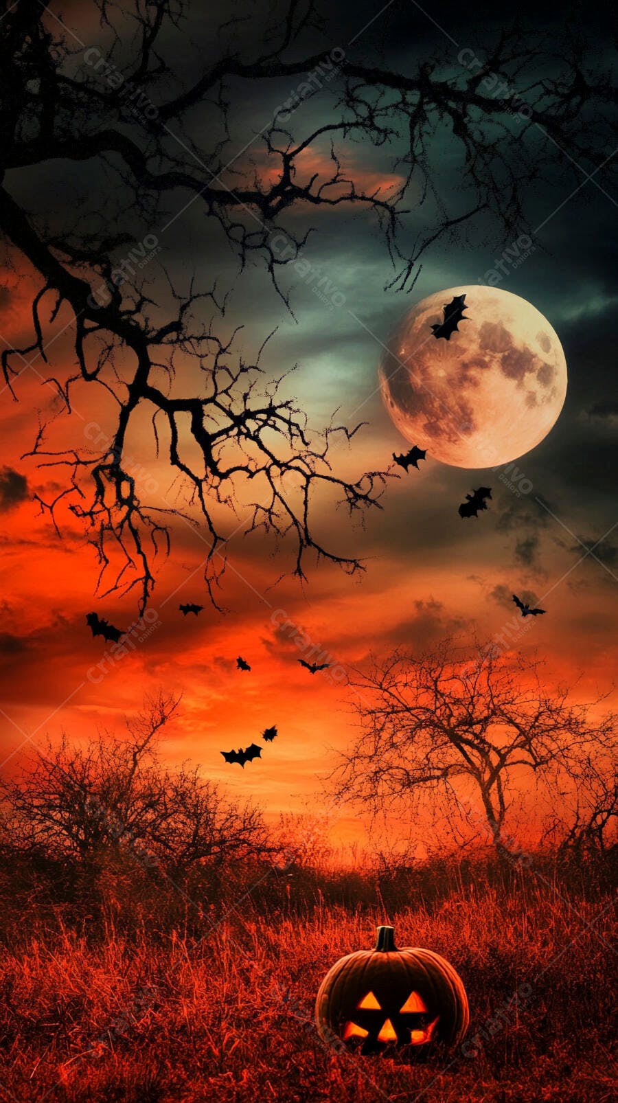 Abóbora de Halloween iluminada sob lua cheia e morcegos voando ao anoitecer