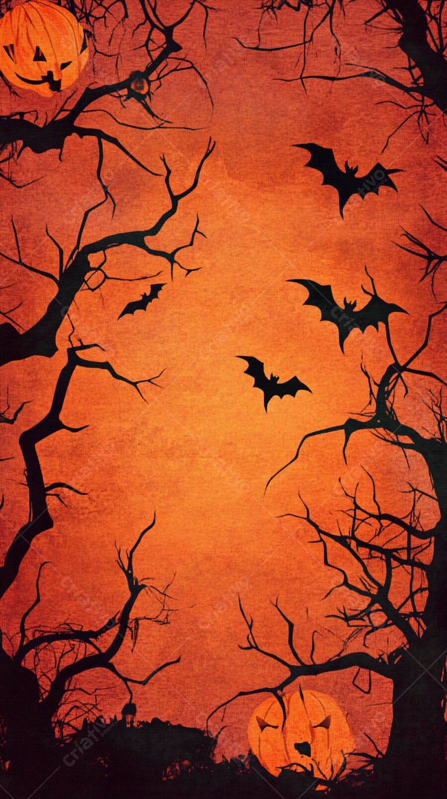 Cenário de Halloween com abóboras e morcegos voando entre árvores secas